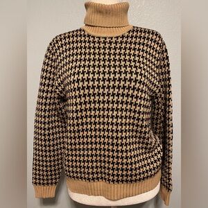 Ann Taylor 100% Extra Fine Merino Wool Sweater Brown Black Houndstooth Preppy XL